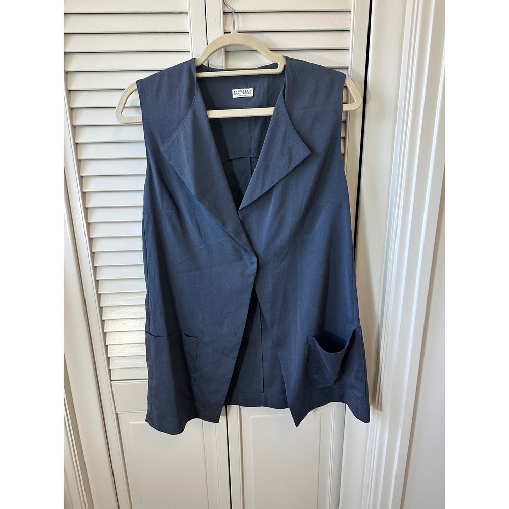 Brunello Cucinelli Silk Blend Sleeveless Vest Blue XL Made in Italy Pocketed